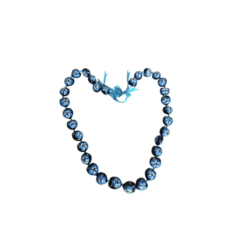 Kukui Nut Lei Hibiscus BLUE Flower Necklace Hawaiian Wedding Luau Graduation